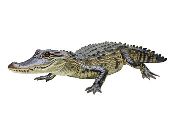 Obraz premium A close-up view of a crocodile resting on a smooth surface. its textured skin and sharp features. with a bright. neutral background emphasizing its natural beauty