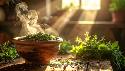Steaming herbs in wooden bowl daylight