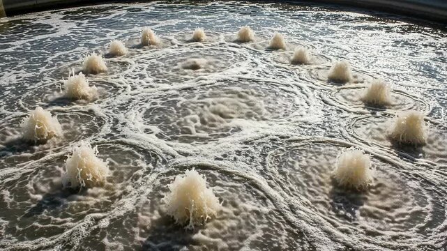 Vigorous bubbles rise and burst in a large aerated activated sludge tank at a water treatment facility