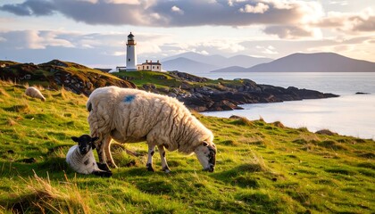 Sheep grazing near a lighthouse at sunset