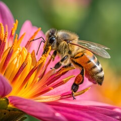 Bee on a flower. Macro shot of honey bee collecting nectar on a vibrant flower