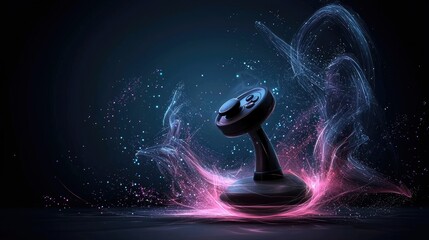 A black video game controller is illuminated by swirling pink and blue neon energy trails and glowing particles against a dark, futuristic background.
