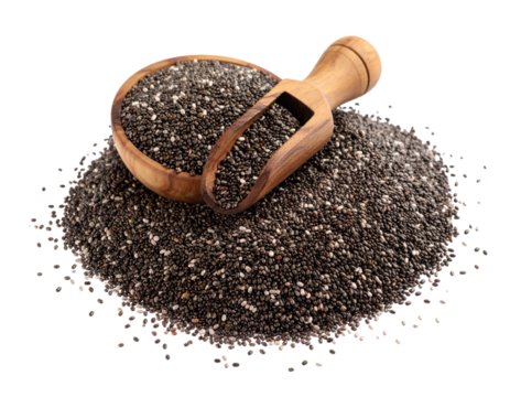 Chia seeds scattered black tiny grains isolated on white background