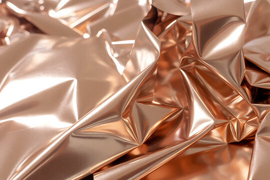 Closeup of crumpled rose gold metallic foil with a shiny, reflective surface and intricate folds