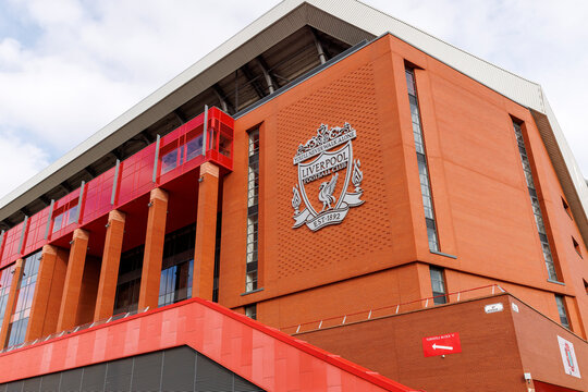Liverpool, England - 10.08.2025: Anfield stadium exterior with Liverpool FC crest and red stands