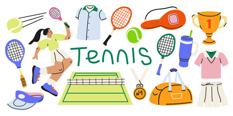 Tennis stickers set in cartoon doodle style. Sports equipment, tennis racket, tennis player, ball, sports uniform, winning cup, tennis court. Competition match attributes