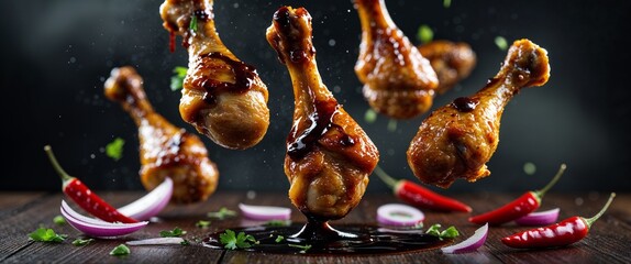 Barbecue Chicken Drumsticks with Chili Peppers and Red Onion Garnishes a Culinary Delight and Flavorful BBQ Treat Ready to Eat as Delicious Dinner