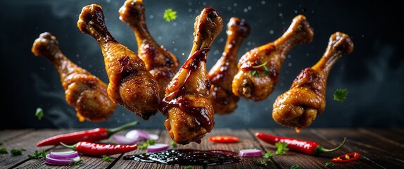 Flying Grilled Chicken Drumsticks with Chili Peppers and Red Onion Garnishes Culinary Presentation Delicious BBQ Dinner with Appetizing Visuals