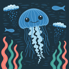 Cute Blue Jellyfish with Fish and Clouds cartoon underwater