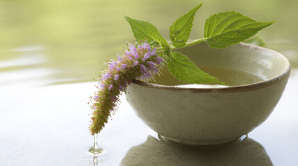 hyssop. A hyssop branch being dipped into a ceramic bowl of clear water. event programs, museum guides, designed for cultural heritage projects and event programs.
