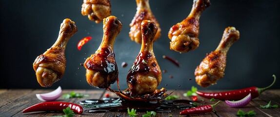Barbecue Chicken Drumsticks with Chili Peppers and Red Onion Garnishes Ready to Eat Delicious Dinner in Dark Background Visuals a Culinary Concept