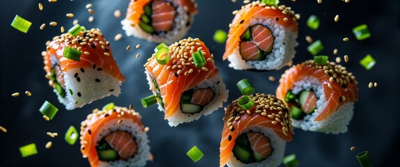 Salmon Sushi Rolls with Sesame Seeds and Green Onions on Dark Background Japanese Cuisine with Fresh Seafood and Rice Delicious and Nutritious Asian Dish 200 Characters