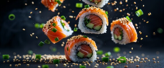 Fresh Salmon Sushi Rolls with Cucumber and Sesame Seeds on Black Background Delicious Japanese Cuisine with Rice and Seafood Nutritious and Elegant Asian Dish 200 Chars