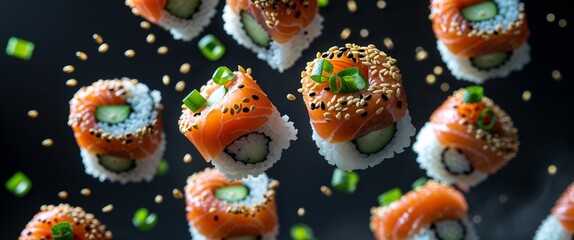 Fresh Salmon Sushi Rolls with Cucumber and Green Onions on Dark Plate Top View Delicious Japanese Cuisine with Rice and Seafood Gourmet and Elegant Asian Dish 200 Chars