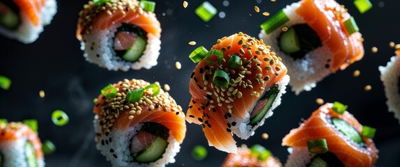 Salmon Sushi Rolls with Cucumber and Green Onions on Dark Background Japanese Cuisine with Fresh Seafood and Rice Gourmet and Elegant Asian Dish Top View 200 Chars