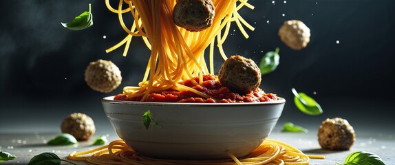 Bowl of Spaghetti with Meatballs and Tomato Sauce Garnished with Basil Leaves Traditional Italian Cuisine Freshly Prepared for Delicious and Satisfying Meal
