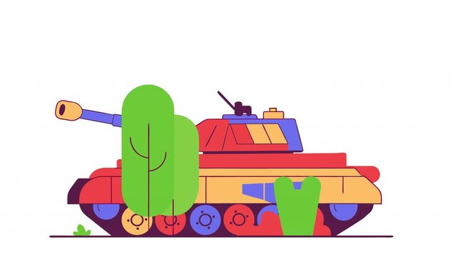 Colorful battle tank. Animation of a tank moving across rough terrain, alpha channel. Cartoon