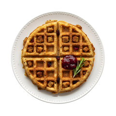 Savory Stuffing Waffle with Cranberry Sauce and Rosemary Garnish on a White Plate isolated on a transparent background 
