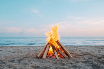 Fototapeta premium Warm and Cozy Bonfire on the Beach at Dusk with Calm Water and Colorful Sky