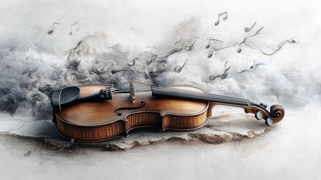 A close-up of a violin with musical notes and smoke swirling around it, against a light, abstract background.
