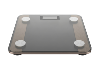 Isolated digital glass bathroom scale showing a display for weight measurement and health stats