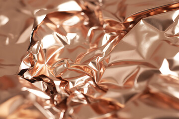 Closeup of crumpled rose gold foil with shimmering reflections, creating an abstract metallic texture