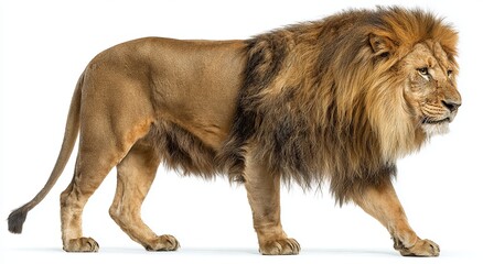 Male lion walking full body side view on white background