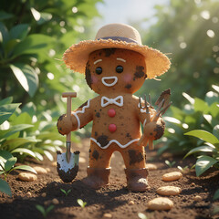 Cute gingerbread gardener with a happy smile holding farming tools and wearing a straw hat against a sunny green vegetable garden background