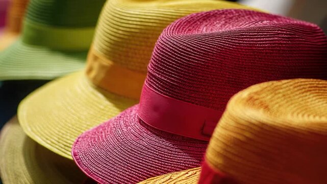 Video A collection of bright and vibrant hats stacked on top of each other, perfect for decoration or props