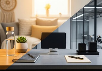 Split scene of home office and modern workspace with desk essentials