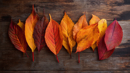 Obraz premium A collection of colorful autumn leaves arranged on a rustic wooden surface backdrop