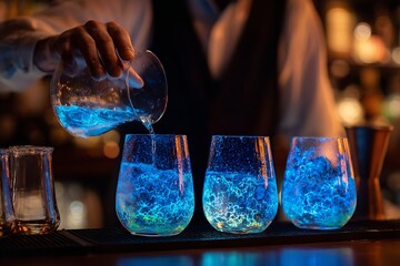 Bartender pouring vibrant blue cocktail into glasses at elegant bar with glowing lights for a trendy nightlife scene and unique drink experience