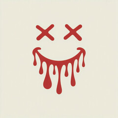 Red Dripping Smiley Face With X Eyes On White background