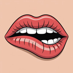 Fototapeta premium Red lips biting lower lip with white teeth mouth