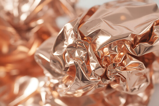 Closeup of crumpled rose gold metallic foil with a shiny, reflective texture and abstract form