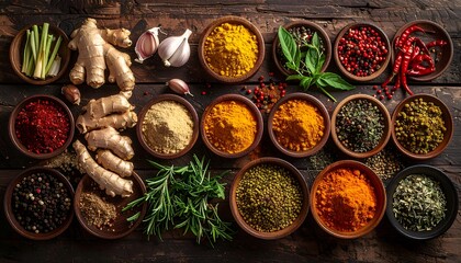 Variety of spices in wooden bowls on table