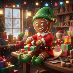 Cheerful gingerbread elf wrapping Christmas presents in Santa workshop against a festive toy shelf background