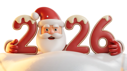 Happy santa claus holding festive 2026 gingerbread numbers in snow.