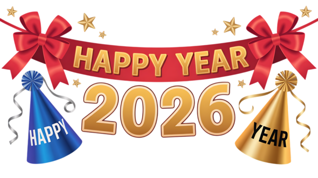 Happy new year 2026 banner with party hats and festive decor