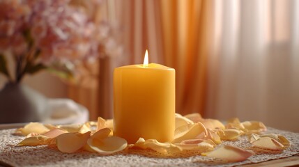 Lit candle surrounded by petals, with soft lighting and floral background