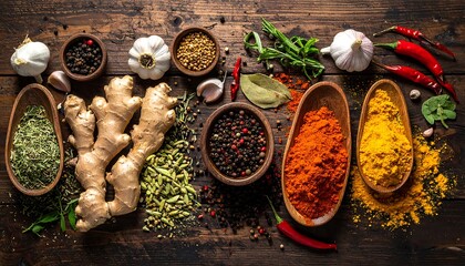 Variety of spices on a rustic wooden table