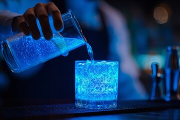 Pouring a vibrant blue cocktail in a glowing bar creates a mesmerizing and modern nightlife scene, perfect for trendy restaurants or upscale events promotions