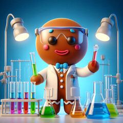 Cute gingerbread student holding colorful test tubes wearing big glasses and bow tie in classroom