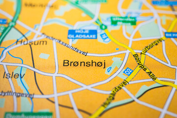 Printed map highlighting Brønshøj district of Copenhagen Denmark with nearby roads.