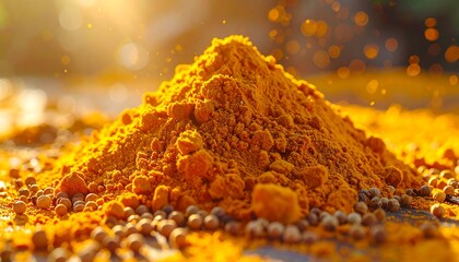 Vibrant yellow spice pile with golden sunlight
