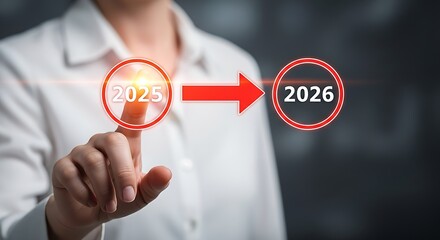 Businesswoman pointing to the future, from 2025 to 2026, concept of planning