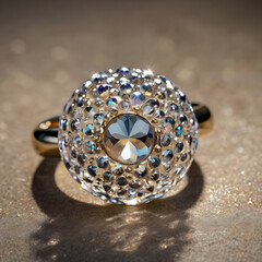 A glamorous ring, showcasing a sparkling gemstone, reflects a myriad of colors in a play of light, creating a dazzling and luxurious allure.