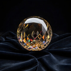A luminous, meticulously cut crystal sphere rests on a rich velvet surface, casting a spectrum of radiant reflections that create a mesmerizing play of light and shadow, captivating the viewer's eye.
