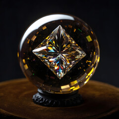 A mesmerizing display of a flawless diamond suspended inside a crystal sphere, with stunning light reflection, against a dark backdrop.