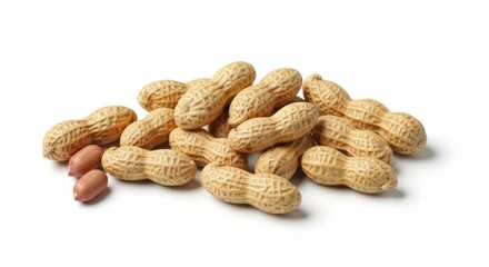 Group of peanuts in their shells, some shelled peanuts shown, white background